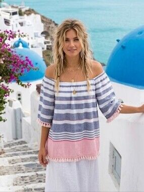 Lula Soul Australia striped fringe off-shoulder top S